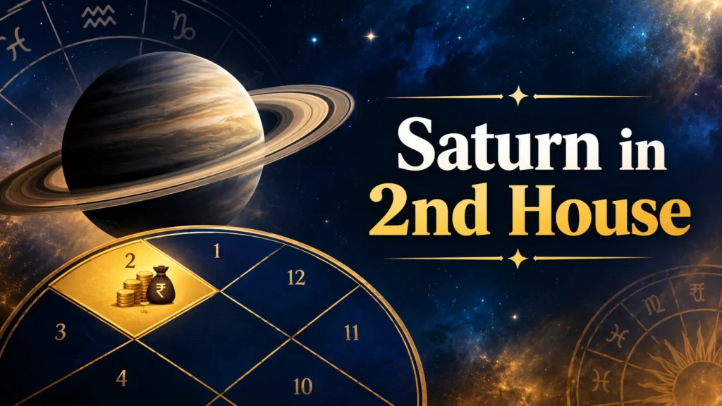 2nd House astrology illustration featuring the planet Saturn, a golden Vedic birth chart, and symbols of wealth against a deep blue cosmic background.