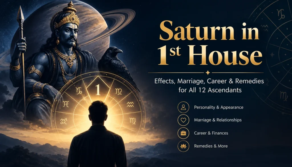 Saturn in 1st house in Vedic astrology, illustrating Shani, the zodiac chart, personality traits, marriage, career, and remedies for all 12 ascendants.