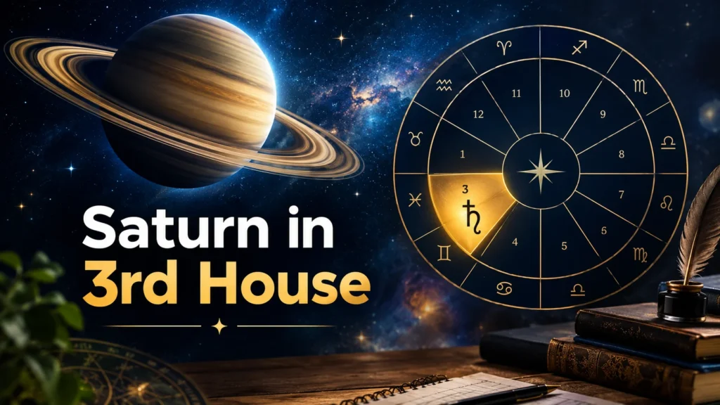 Saturn in 3rd House astrology illustration featuring the planet Saturn with glowing rings, a golden astrological chart highlighting the third house, and a cosmic navy-blue background.